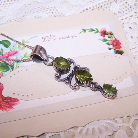 Victorian Revival Sterling Silver Peridot Dangle Pendant - Picture 3 of 11